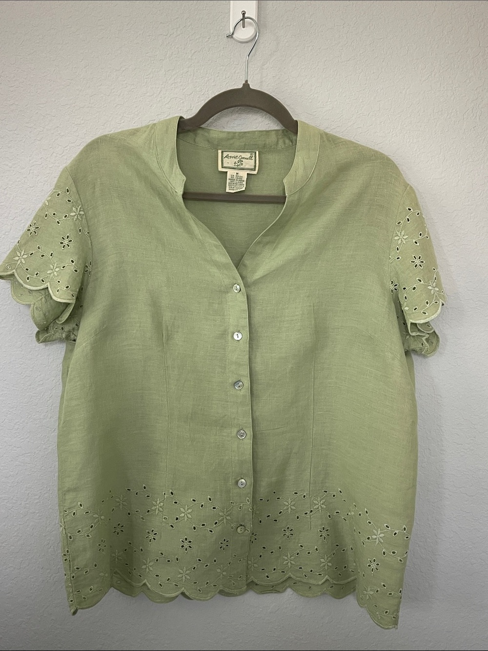 April Cornell 100% Linen Eyelet Embroidered Blouse Green Size M Cottagecore